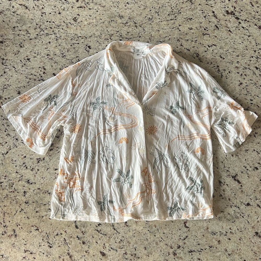 BP White and Green Tropical Button Down Pajama Shirt
